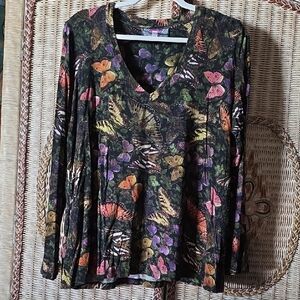 Johnny Was Multicolor Butterfly V-Neck Top L